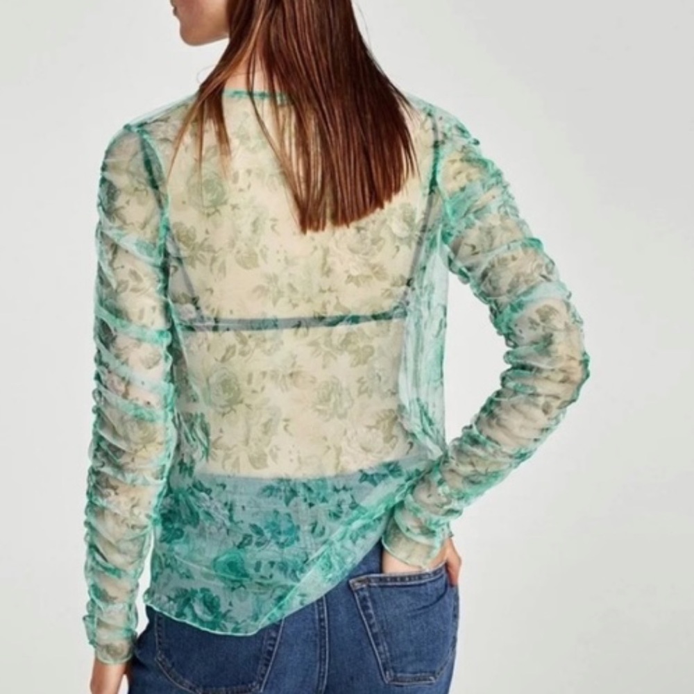 Zara Sheer Floral Ruched Long Sleeve Blouse - Picture 2 of 9